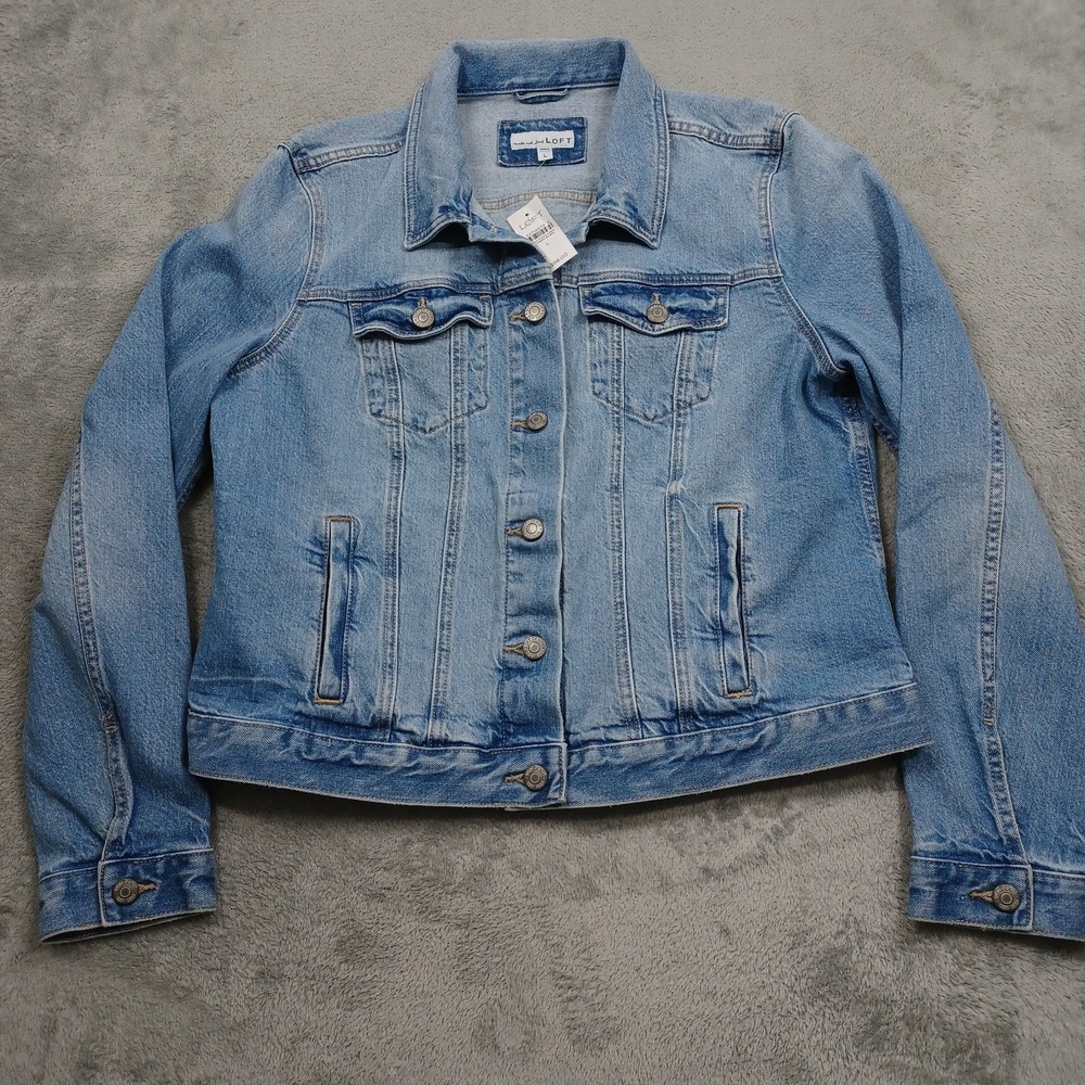Loft Denim Jacket Womens Large Blue Pockets Distressed Cotton NWT